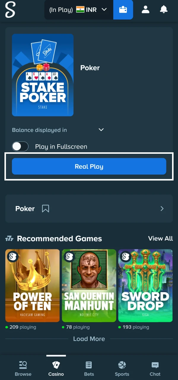 Open a Poker game in the casino section on Stake.