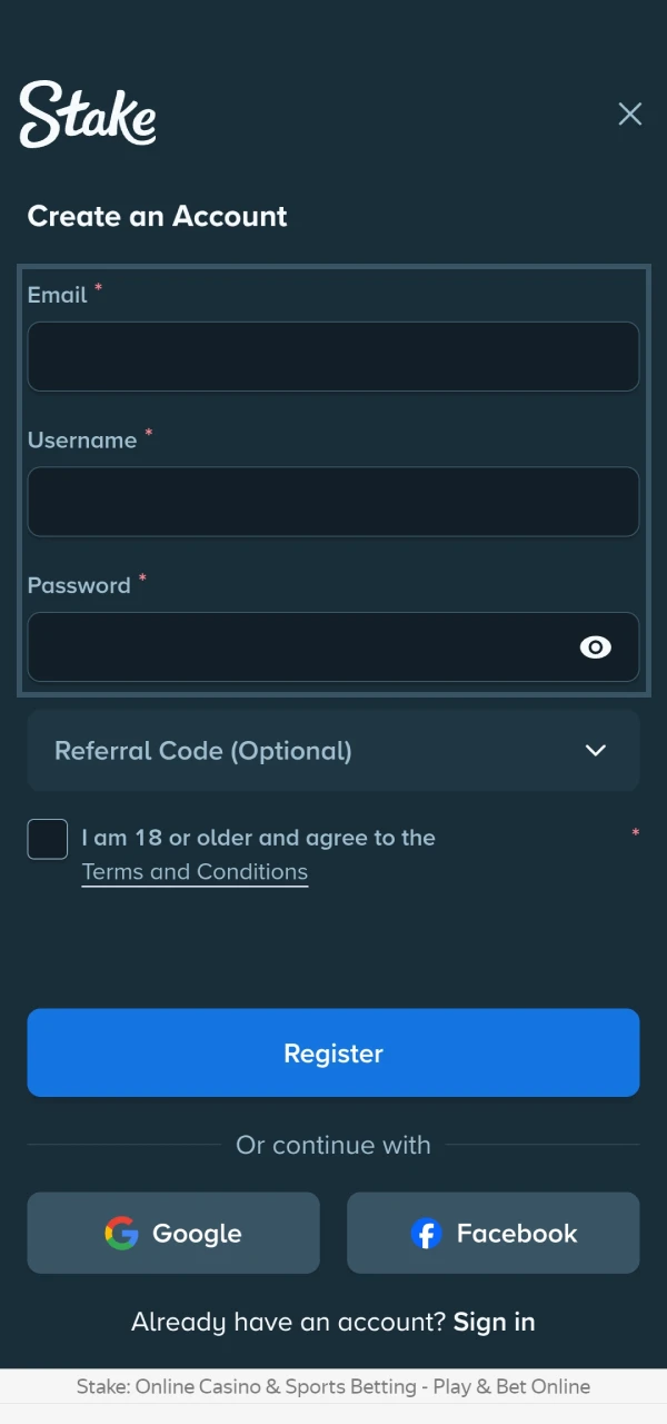 Enter your details when registering in the Stake app.