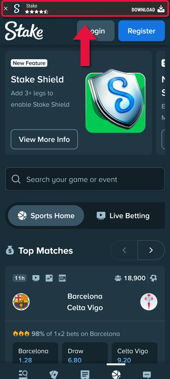 Navigate to the Stake mobile app download page to start betting.