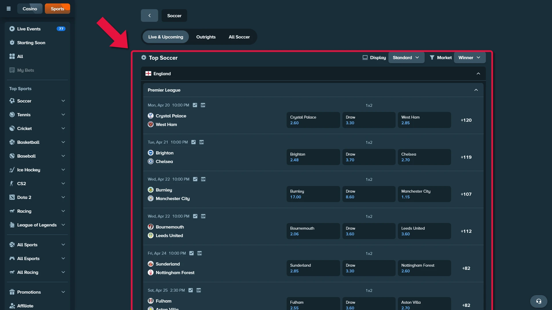 Select a football match and choose a market for Stake betting.